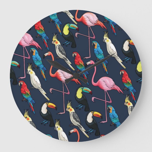 Colourful Exotic Birds Dark Pattern Large Clock (Front)