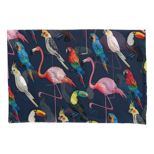 Colourful Exotic Birds Dark Pattern Pillowcase (Front)