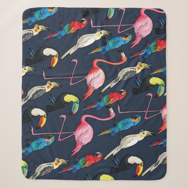 Colourful Exotic Birds Dark Pattern Sherpa Blanket (Front)