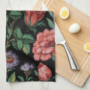 Colourful Exotic Floral & Bird-Black Background  Tea Towel
