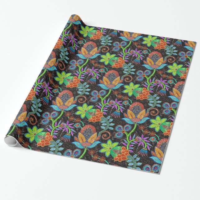 Colourful Exotic Floral Design Glass Beads Look Wrapping Paper (Unrolled)