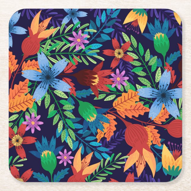 Colourful Exotic Floral Pattern-32436 Square Paper Coaster (Front)