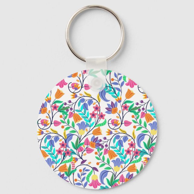 Colourful Exotic Floral Pattern Key Ring (Front)