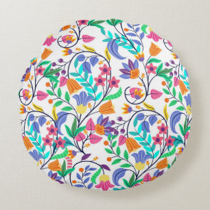 Colourful Exotic Floral Pattern Round Cushion