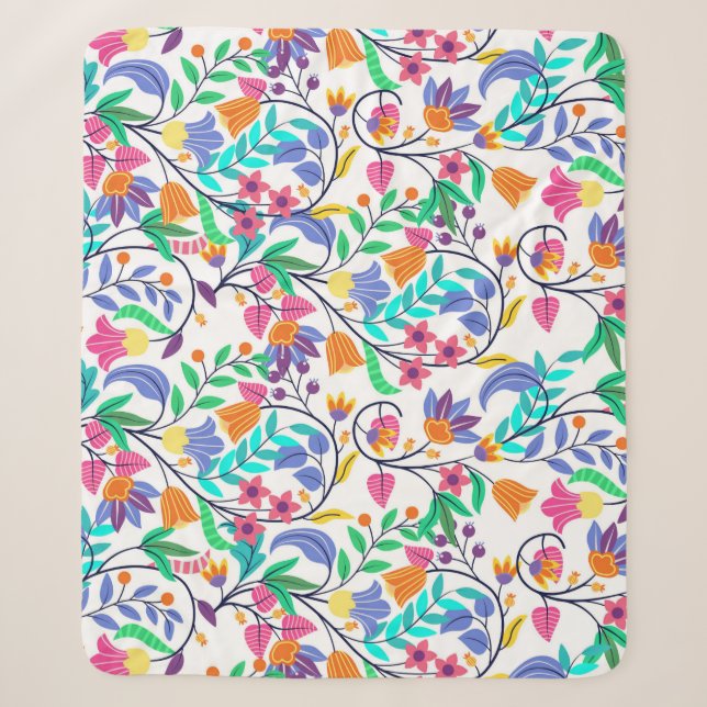 Colourful Exotic Floral Pattern Sherpa Blanket (Front)