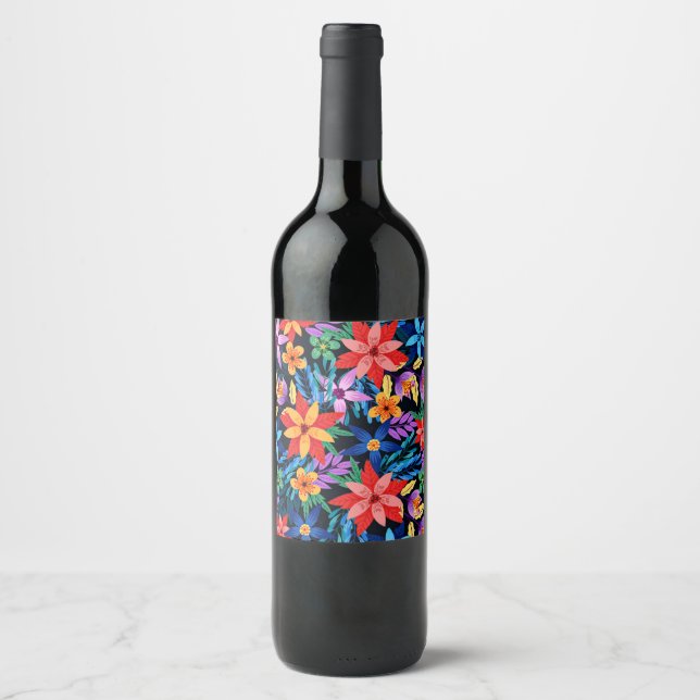 Colourful Exotic Floral Pattern Wine Label (Front)