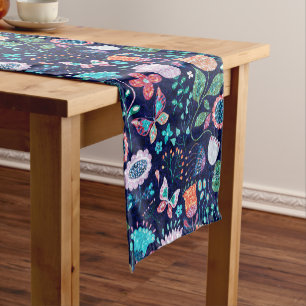Colourful exotic flowers and butterflies pattern short table runner