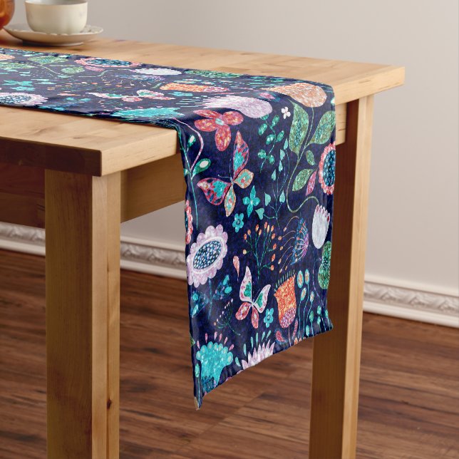 Colourful exotic flowers and butterflies pattern short table runner (In Situ)