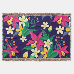Colourful Exotic Flowers And Leaves Pattern-55667 Throw Blanket