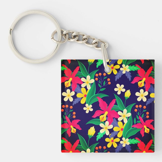 Colourful Exotic Flowers And Leaves Pattern Key Ring (Front)