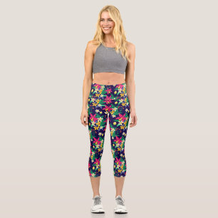 Colourful Exotic Flowers And Leaves Pattern Leggin Capri Leggings