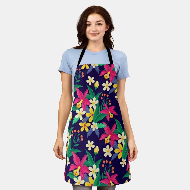 Colourful Exotic Flowers Leaves Pattern-23021 Apron (Worn)