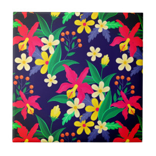 Colourful Exotic Flowers Leaves Pattern-23021 Ceramic Tile