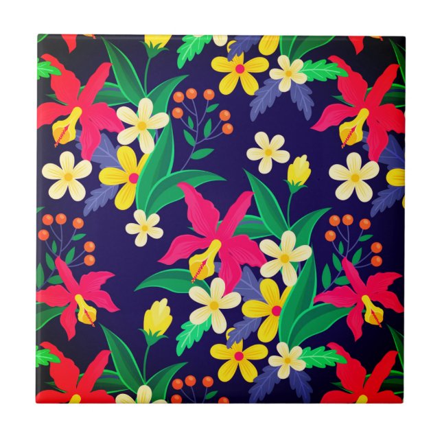 Colourful Exotic Flowers Leaves Pattern-23021 Ceramic Tile (Front)