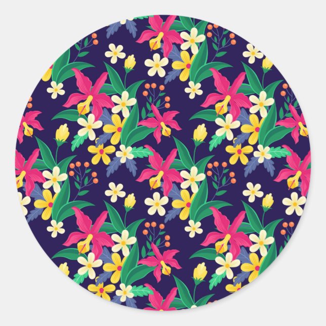 Colourful Exotic Flowers Leaves Pattern-23021 Classic Round Sticker (Front)