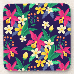 Colourful Exotic Flowers Leaves Pattern-23021 Coaster