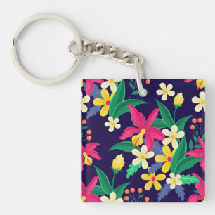 Colourful Exotic Flowers Leaves Pattern-23021 Key Ring