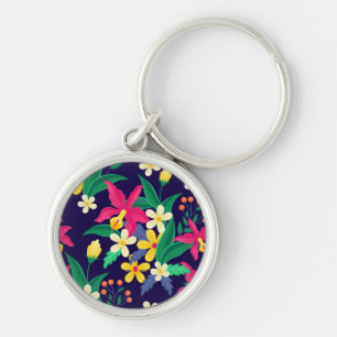 Colourful Exotic Flowers Leaves Pattern-23021 Key Ring