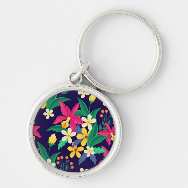 Colourful Exotic Flowers Leaves Pattern-23021 Key Ring (Front)
