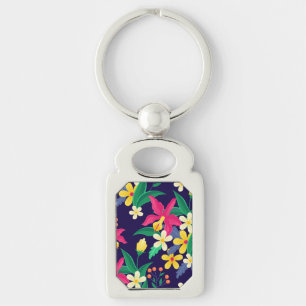 Colourful Exotic Flowers Leaves Pattern-23021 Key Ring