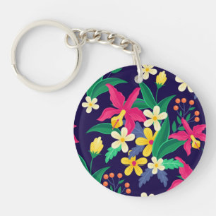 Colourful Exotic Flowers Leaves Pattern-23021 Key Ring