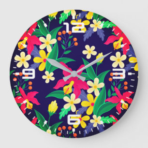 Colourful Exotic Flowers Leaves Pattern-23021 Large Clock
