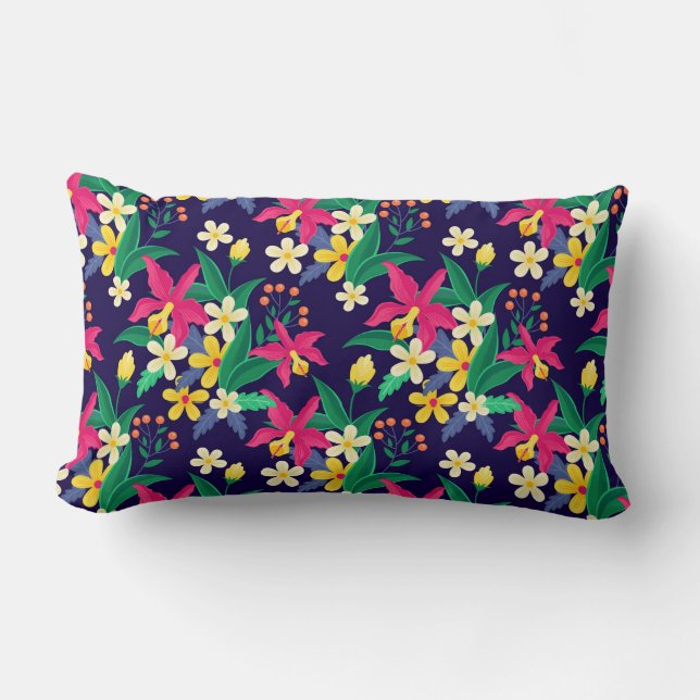 Colourful Exotic Flowers Leaves Pattern-23021 Lumbar Cushion (Front)
