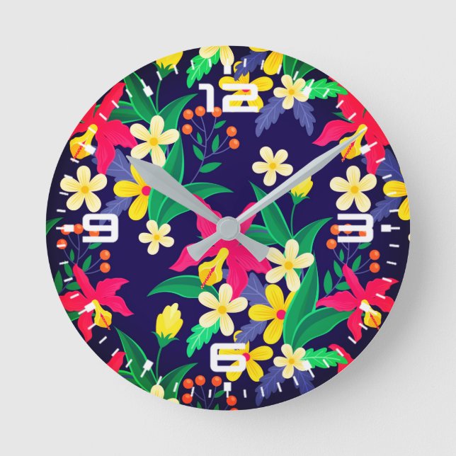 Colourful Exotic Flowers Leaves Pattern-23021 Round Clock (Front)
