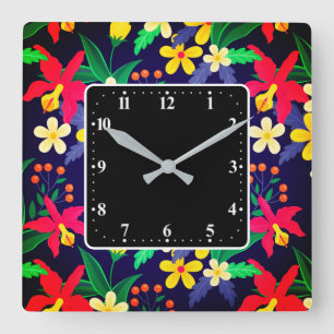 Colourful Exotic Flowers Leaves Pattern-23021 Square Wall Clock