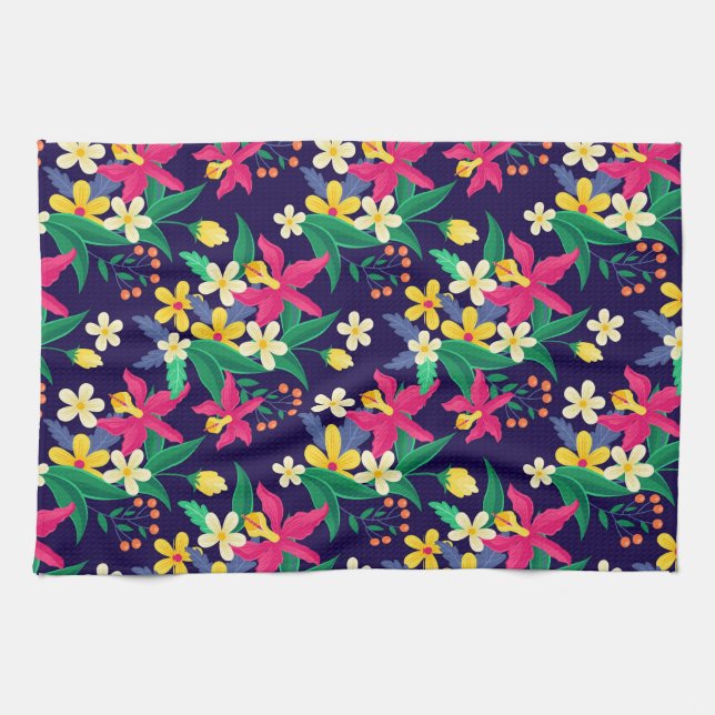 Colourful Exotic Flowers Leaves Pattern-23021 Tea Towel (Horizontal)