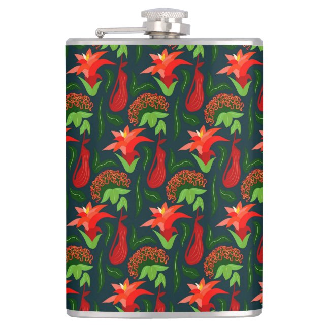 Colourful Exotic Flowers Leaves Pattern Hip Flask (Front)