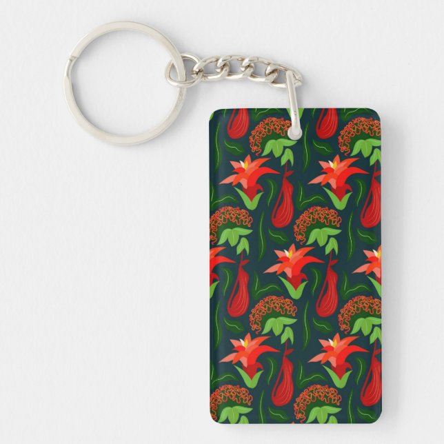 Colourful Exotic Flowers Leaves Pattern Key Ring (Front)