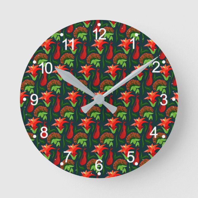 Colourful Exotic Flowers Leaves Pattern Round Clock (Front)