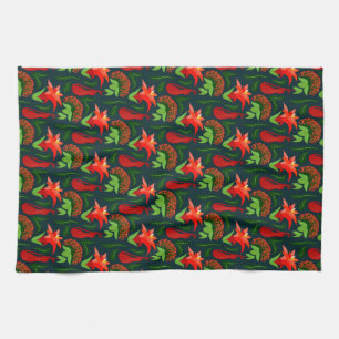 Colourful Exotic Flowers Leaves Pattern Tea Towel