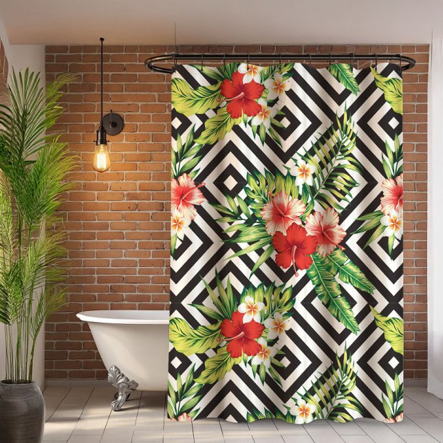 Colourful Exotic Flowers Modern Geometric Pattern Shower Curtain (Creator Uploaded)