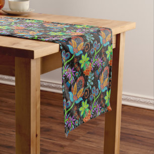 Colourful exotic flowers pattern, glass beads look medium table runner