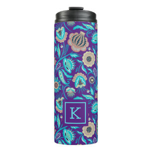 Colourful exotic flowers pattern purple background thermal tumbler