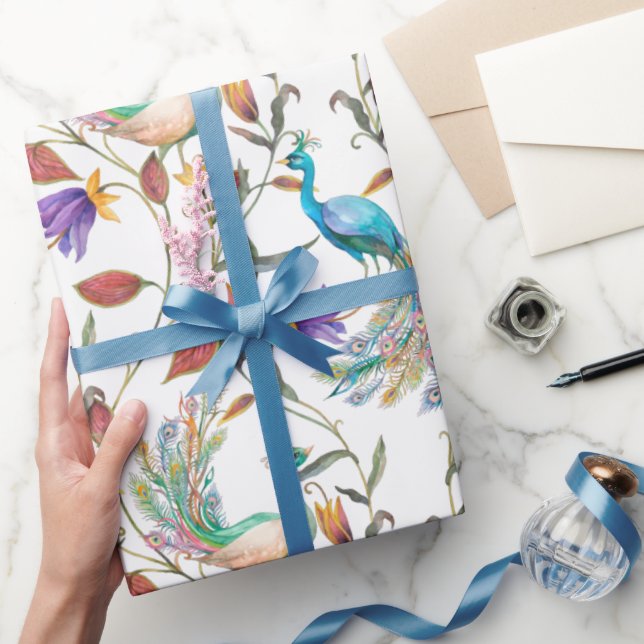 Colourful Exotic Peacock Floral Pattern Wrapping Paper (Gifting)