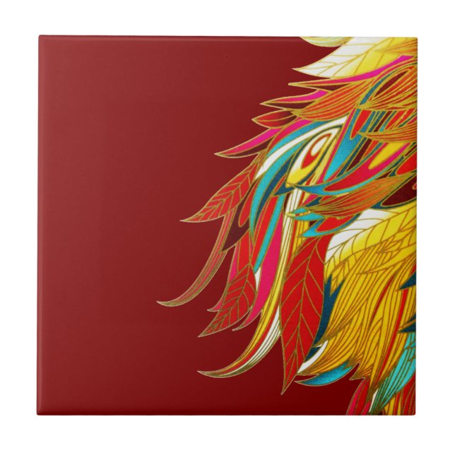 Colourful Exotic Tribal Feathers Red Ceramic Tile (Front)