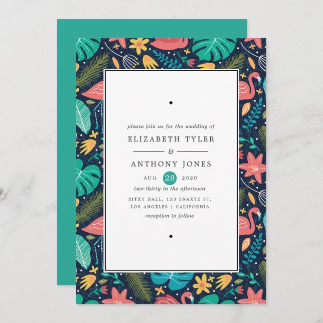 Colourful Exotic Tropical Flamingo Wedding Invitation (Front/Back)