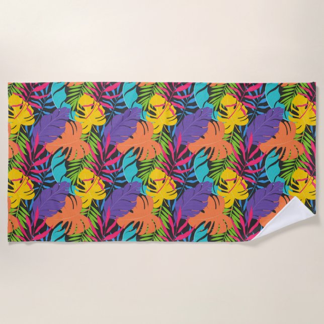 Colourful Exotic Tropical Leaves Pattern Beach Towel (Front)