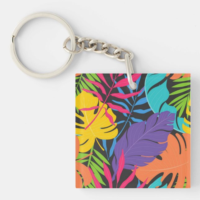 Colourful Exotic Tropical Leaves Pattern Key Ring (Front)