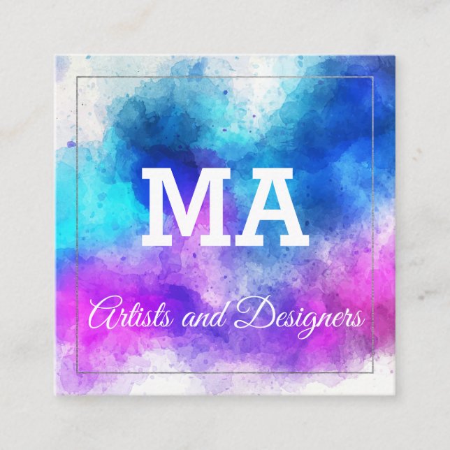 Colourful Expressive Watercolor Monogram Square Business Card (Front)