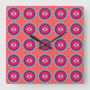 Colourful Eye Pattern on Red Background Square Wall Clock