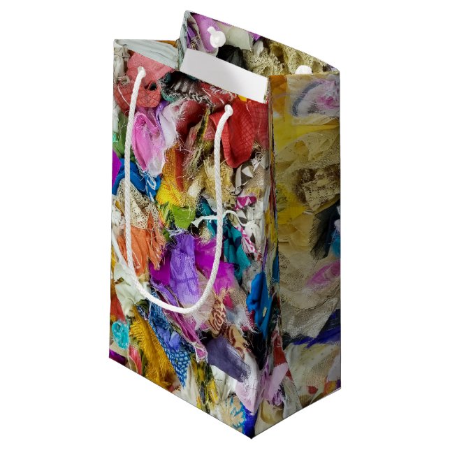 colourful fabric collage small gift bag (Front Angled)
