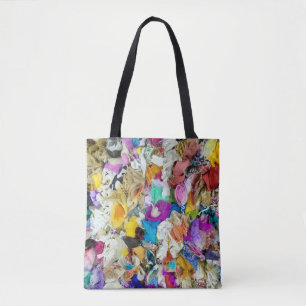 colourful fabric collage tote bag