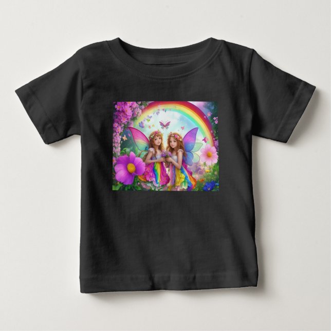 Colourful Fairies With Flowers and a Rainbow Baby T-Shirt (Front)