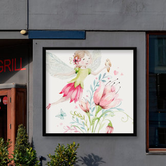 Colourful fairy and flowers illustration poster