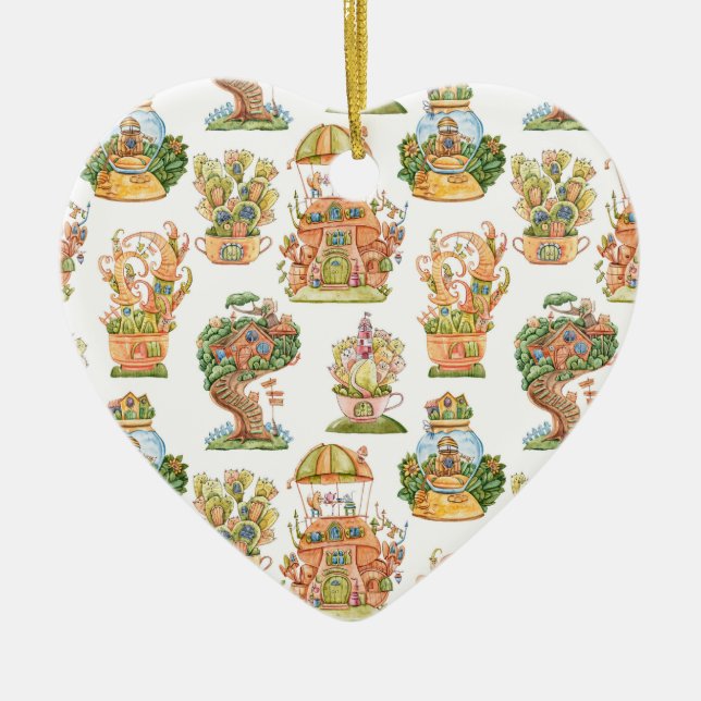 Colourful Fairy Tale Houses Pattern Ceramic Ornament (Front)