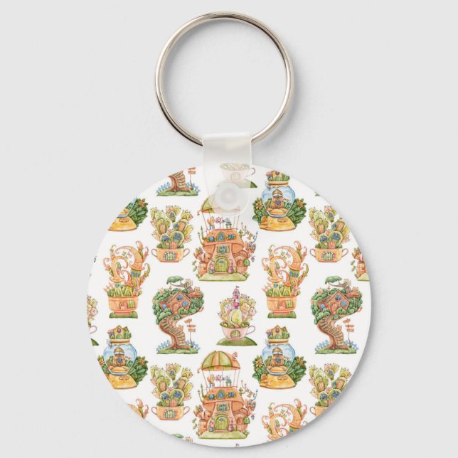 Colourful Fairy Tale Houses Pattern Key Ring (Front)